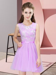 Scoop Sleeveless Quinceanera Court Dresses Mini Length Lace Lilac Tulle