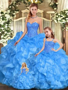 Floor Length Baby Blue 15th Birthday Dress Organza Sleeveless Beading and Ruffles