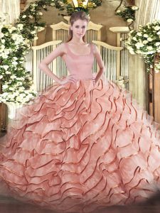 Sexy Rust Red Zipper Straps Ruffled Layers Sweet 16 Quinceanera Dress Organza Sleeveless Brush Train