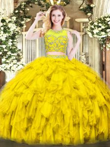 Scoop Sleeveless Tulle 15 Quinceanera Dress Beading and Ruffles Zipper