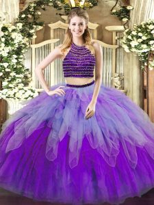 Two Pieces Quinceanera Gown Multi-color Halter Top Tulle Sleeveless Floor Length Lace Up