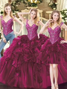 Lovely Fuchsia Three Pieces V-neck Sleeveless Organza Floor Length Lace Up Beading and Ruffles 15 Quinceanera Dress