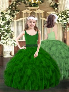 Floor Length Dark Green Pageant Gowns For Girls Organza Sleeveless Beading and Ruffles