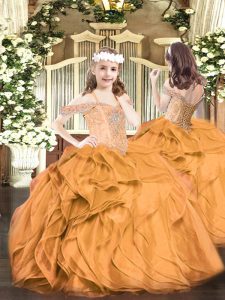 Orange Red Ball Gowns Organza Off The Shoulder Sleeveless Beading and Ruffles Floor Length Lace Up Pageant Dresses