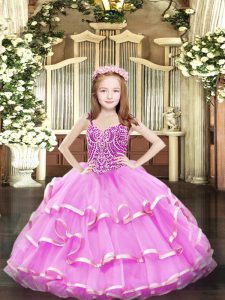 Attractive Lilac Lace Up Little Girls Pageant Dress Wholesale Beading and Ruffled Layers Sleeveless Floor Length