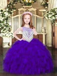 Purple Ball Gowns Organza Scoop Sleeveless Beading and Ruffles Floor Length Zipper Little Girl Pageant Dress