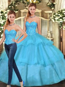 Aqua Blue Lace Up Quinceanera Gowns Ruffled Layers Sleeveless Floor Length