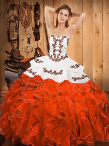 Modern Rust Red Lace Up Strapless Embroidery and Ruffles Sweet 16 Dress Satin and Organza Sleeveless