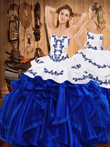 Floor Length Lace Up Quinceanera Dress Royal Blue for Military Ball and Sweet 16 and Quinceanera with Embroidery and Ruffles