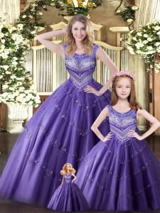 Artistic Eggplant Purple Scoop Lace Up Beading Quinceanera Gowns Sleeveless