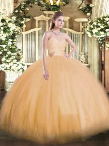 Customized Sleeveless Tulle Floor Length Lace Up Quince Ball Gowns in Orange with Beading