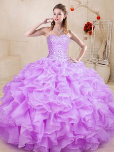 Simple Sweetheart Sleeveless Organza 15th Birthday Dress Beading and Ruffles Lace Up