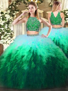 Tulle Sleeveless Floor Length Sweet 16 Quinceanera Dress and Beading and Ruffles