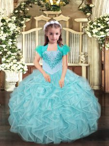 Dramatic Aqua Blue and Apple Green Sleeveless Beading and Ruffles Floor Length Girls Pageant Dresses