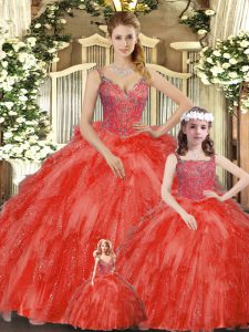 Pretty Floor Length Ball Gowns Sleeveless Red Sweet 16 Dresses Lace Up