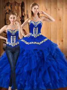 Customized Floor Length Lace Up Quinceanera Gowns Blue for Military Ball and Sweet 16 and Quinceanera with Embroidery and Ruffles