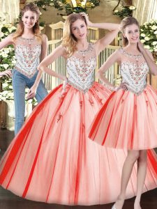 Red Sleeveless Floor Length Beading Zipper Quince Ball Gowns