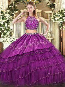 Tulle High-neck Sleeveless Zipper Beading and Embroidery and Ruffled Layers Sweet 16 Dresses in Purple