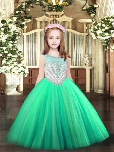 Scoop Sleeveless Pageant Dress Toddler Floor Length Beading Turquoise Tulle