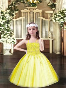 Floor Length Yellow Glitz Pageant Dress Spaghetti Straps Sleeveless Lace Up