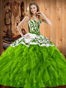 Satin and Organza Sweetheart Sleeveless Lace Up Embroidery and Ruffles Quinceanera Gowns in