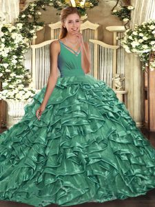 Stunning Turquoise Organza Backless V-neck Sleeveless With Train Sweet 16 Quinceanera Dress Sweep Train Ruffles