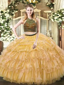 Gold Ball Gowns Organza Halter Top Sleeveless Beading and Ruffled Layers Floor Length Zipper Quinceanera Gowns