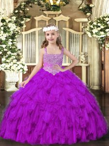 Purple Ball Gowns Beading and Ruffles Child Pageant Dress Lace Up Tulle Sleeveless Floor Length