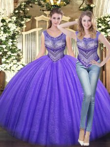 Glittering Lavender Ball Gowns Beading Sweet 16 Dress Lace Up Tulle Sleeveless Floor Length