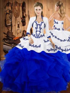 Cheap Blue Strapless Neckline Embroidery and Ruffles Sweet 16 Dresses Sleeveless Lace Up