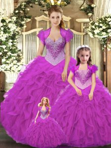 Gorgeous Fuchsia Tulle Lace Up Sweet 16 Dresses Sleeveless Floor Length Beading and Ruffles