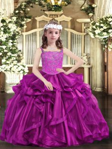 Straps Sleeveless Lace Up Pageant Gowns For Girls Fuchsia Organza