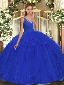 Amazing Sleeveless Tulle Floor Length Backless Quince Ball Gowns in Blue with Beading and Ruffles