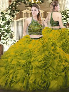 Chic Olive Green Tulle Zipper 15 Quinceanera Dress Sleeveless Floor Length Beading and Ruffles