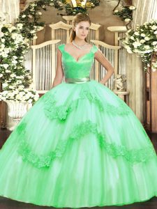 Edgy V-neck Sleeveless Zipper Ball Gown Prom Dress Apple Green Tulle