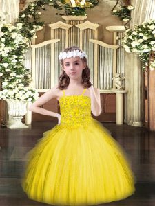 Hot Selling Floor Length Lace Up Kids Pageant Dress Yellow for Party and Quinceanera with Beading and Ruffles