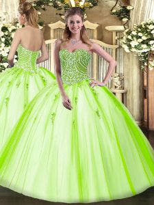 Inexpensive Sweetheart Sleeveless Tulle Quince Ball Gowns Beading Lace Up