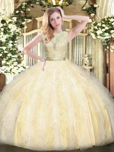 Light Yellow Organza Backless Scoop Sleeveless Floor Length Quinceanera Dresses Lace and Ruffles