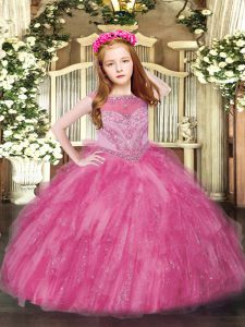 Pretty Hot Pink Girls Pageant Dresses Party and Quinceanera with Beading and Ruffles Scoop Sleeveless Zipper