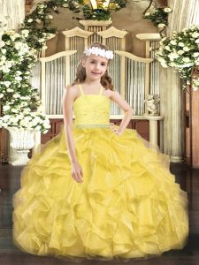 Gold Zipper Straps Beading and Lace and Ruffles Pageant Gowns Organza Sleeveless