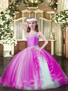 Fuchsia Ball Gowns Tulle Straps Sleeveless Beading Floor Length Lace Up Little Girl Pageant Gowns