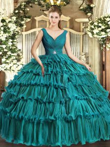 Teal V-neck Backless Beading and Ruffled Layers Sweet 16 Dress Sleeveless