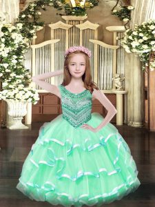 Apple Green Ball Gowns Beading and Ruffled Layers Kids Pageant Dress Lace Up Organza Sleeveless Floor Length