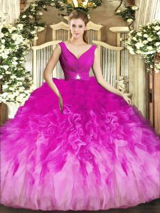 Discount V-neck Sleeveless Tulle Quinceanera Dresses Beading and Ruffles Backless