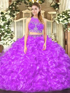 Lilac 15 Quinceanera Dress Military Ball and Sweet 16 and Quinceanera with Beading and Ruffles Scoop Sleeveless Zipper