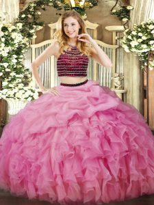 Customized Halter Top Sleeveless Zipper 15 Quinceanera Dress Rose Pink Organza