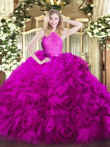 Fuchsia Fabric With Rolling Flowers Zipper Sweet 16 Dress Sleeveless Floor Length Lace