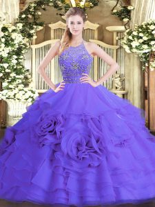 Spectacular Purple Ball Gowns Tulle Halter Top Sleeveless Beading and Ruffled Layers Floor Length Zipper Sweet 16 Dress