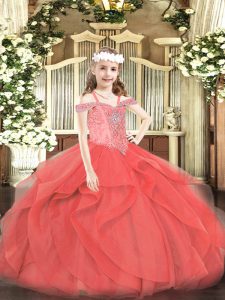 Ball Gowns Little Girls Pageant Dress Coral Red Off The Shoulder Tulle Sleeveless Floor Length Lace Up