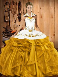 Affordable Gold Ball Gowns Satin and Organza Halter Top Sleeveless Embroidery and Ruffles Floor Length Lace Up Vestidos de Quinceanera